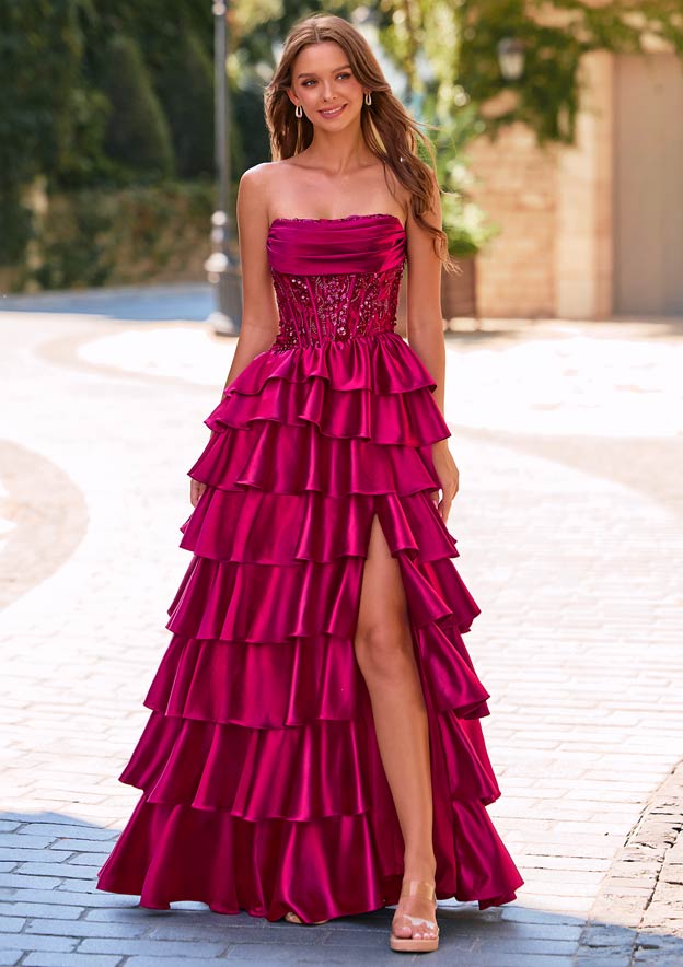 A-line Strapless Tiered Ruffle Slit Prom Dress with Ruched Embellished Corset Bodice