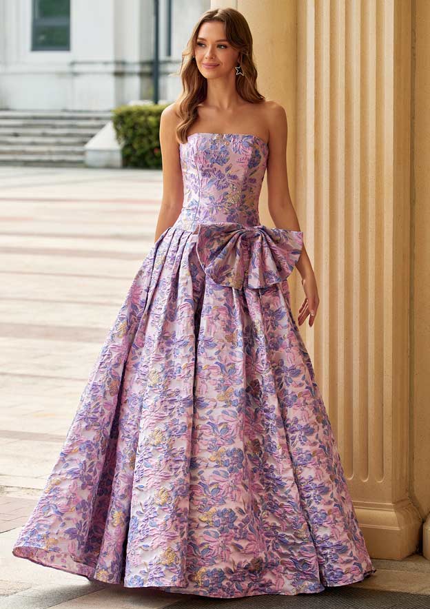 Stacees 2026 Strapless Metallic Floral Brocade Ball Gown Prom Dress with Bow