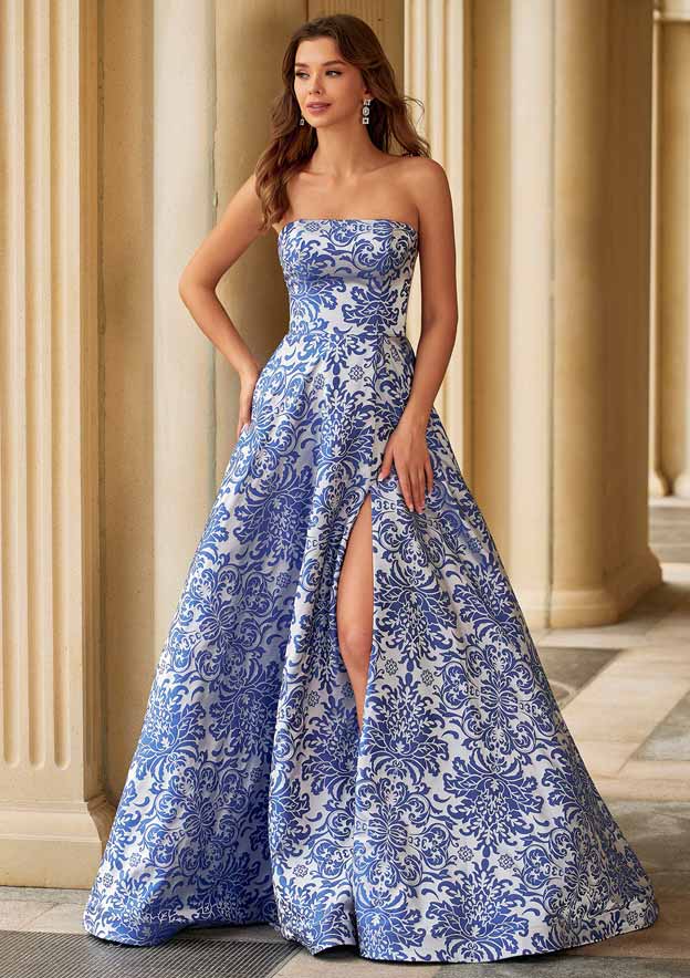 A-line Strapless Damask Jacquard Prom Dress with Slit