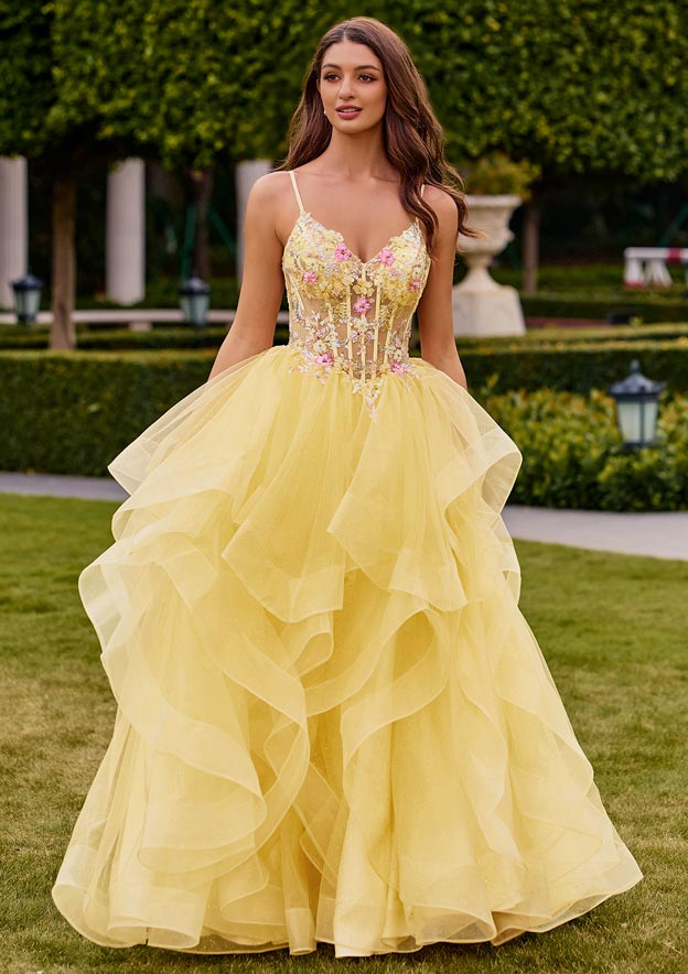 Glittering Floral Sheer Corset Tulle Prom Dress with Ruffled Layered Ball Gown Skirt