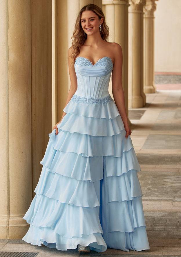A-line Pleated Strapless Corset Tiered Ruffle Chiffon Prom Dress with Slit