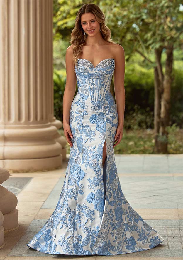 Fitted Strapless Floral Brocade Mermaid Prom Dress with Boned Corset Slit