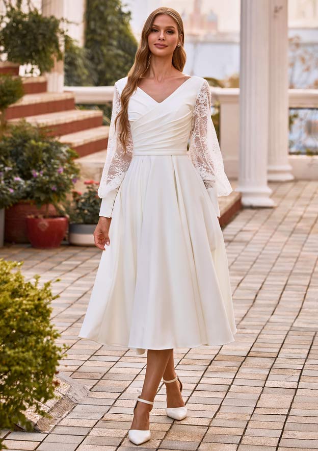 tea length a line dress with sleeves A-Line Tea Length Satin Beaded Elegant Bridal Shower Dress Long Sleeves V-Neck COCOMELODY CW3383, 20 Days / Ivory / US22-UK24-EUR52