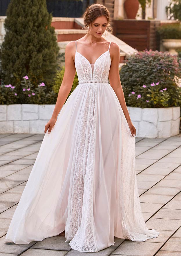wedding dress with chiffon straps Straps Plunging Pleated Chiffon Long Train Wedding Dress Light Ivory / No / Court Train