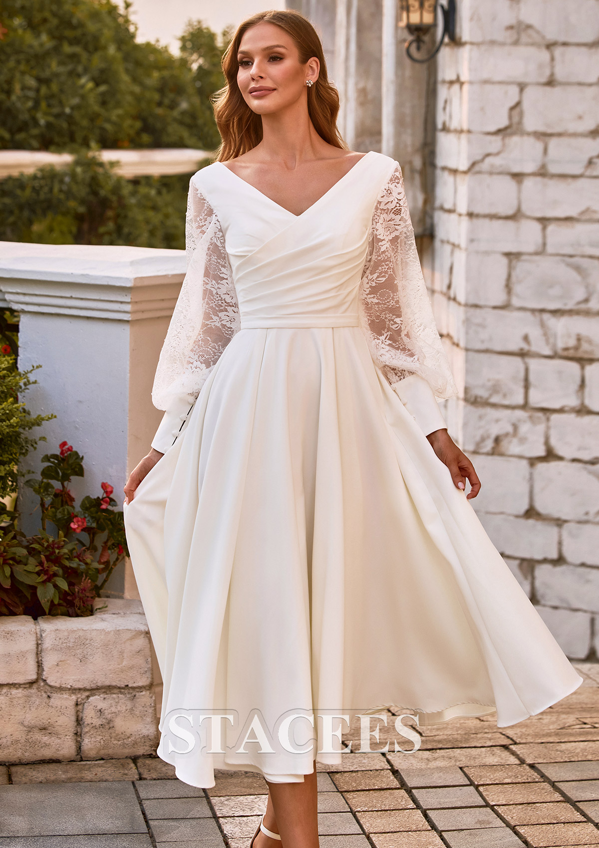 Ivory Exquisite A-line Satin Tea-Length Wedding Dress with long lace sleeves