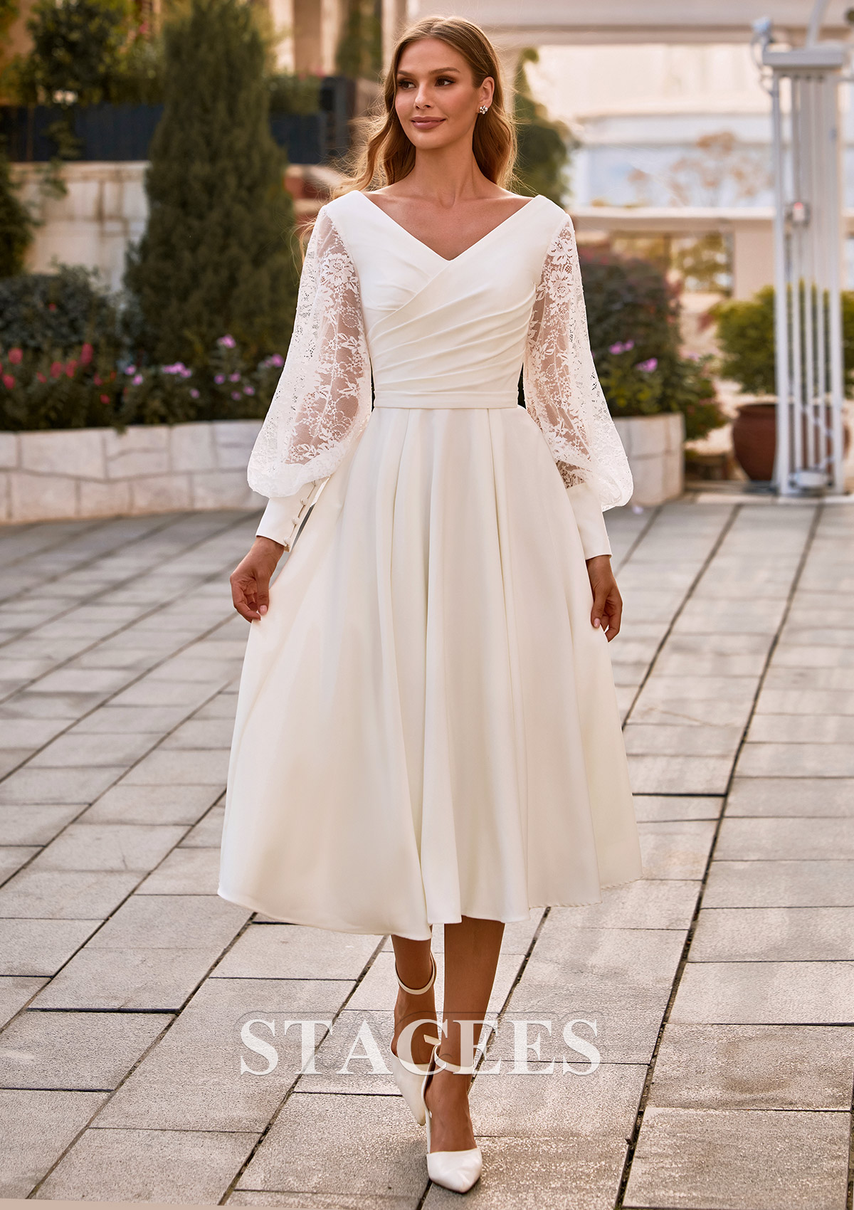 Ivory Exquisite A-line Satin Tea-Length Wedding Dress with long lace sleeves