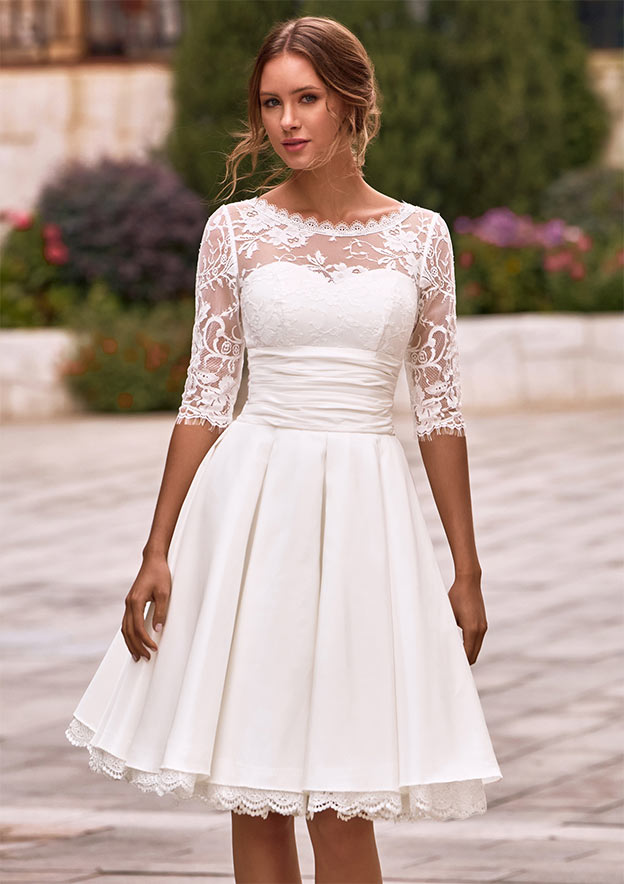 half sleeve short wedding dress Lace A-line Half Sleeve Short Train Wedding Dress, MW575