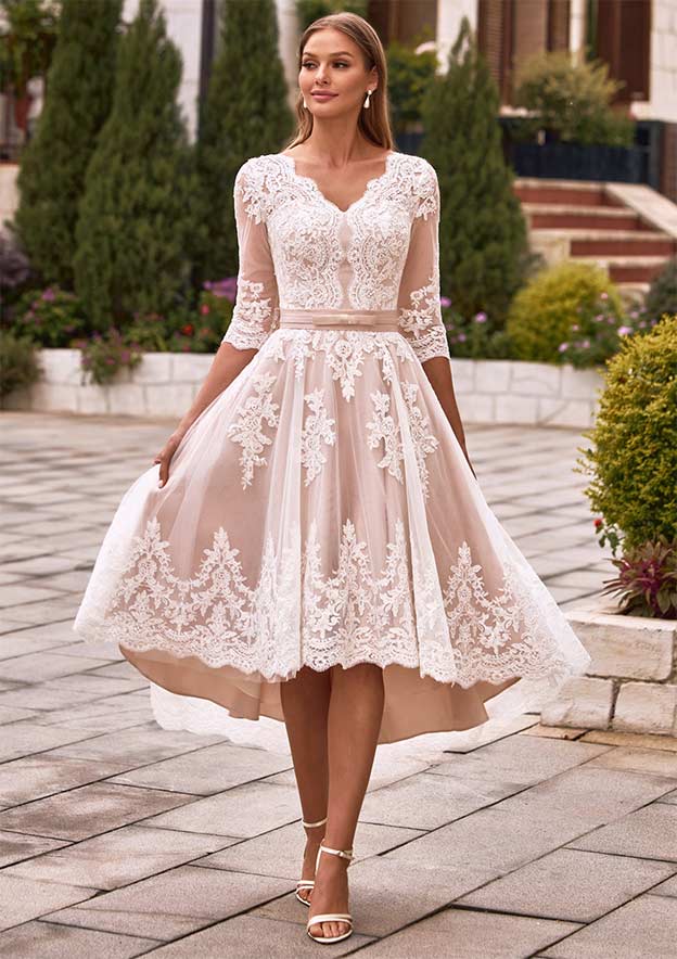 cocktail wedding dress ABaoWedding Women's Floral Lace Knee-Length Short Bridal Gown Size 2 Ivory at Amazon Women's Clothing store engagement party Cocktail Dresses Wedding Ceremony Guest