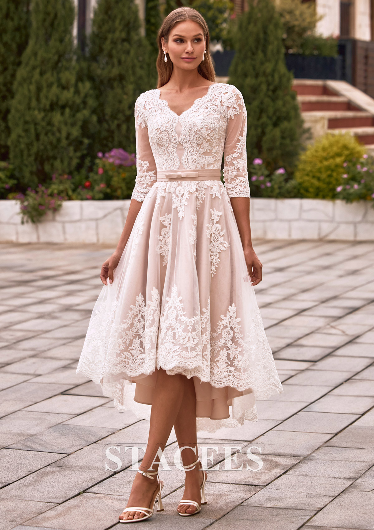 high neck low back long sleeve wedding dress A-Line V-Neck Long Sleeves Elegant Casual Asymmetrical Chiffon Wedding Dress with Zipper Back Diamond White / 20
