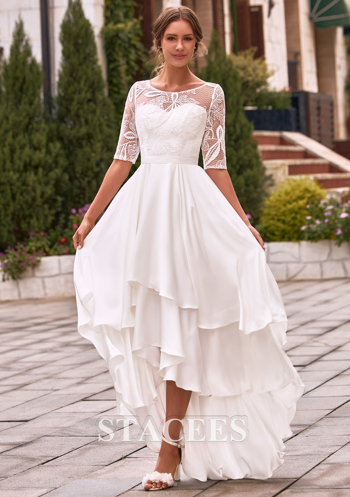 ruffle a line wedding dress Ivory A-Line Wedding Dress with Pleated Skirt  Layered Tulle Ruffle Dress with Lace Corset Plus Size  RAFFAELLA Size 8