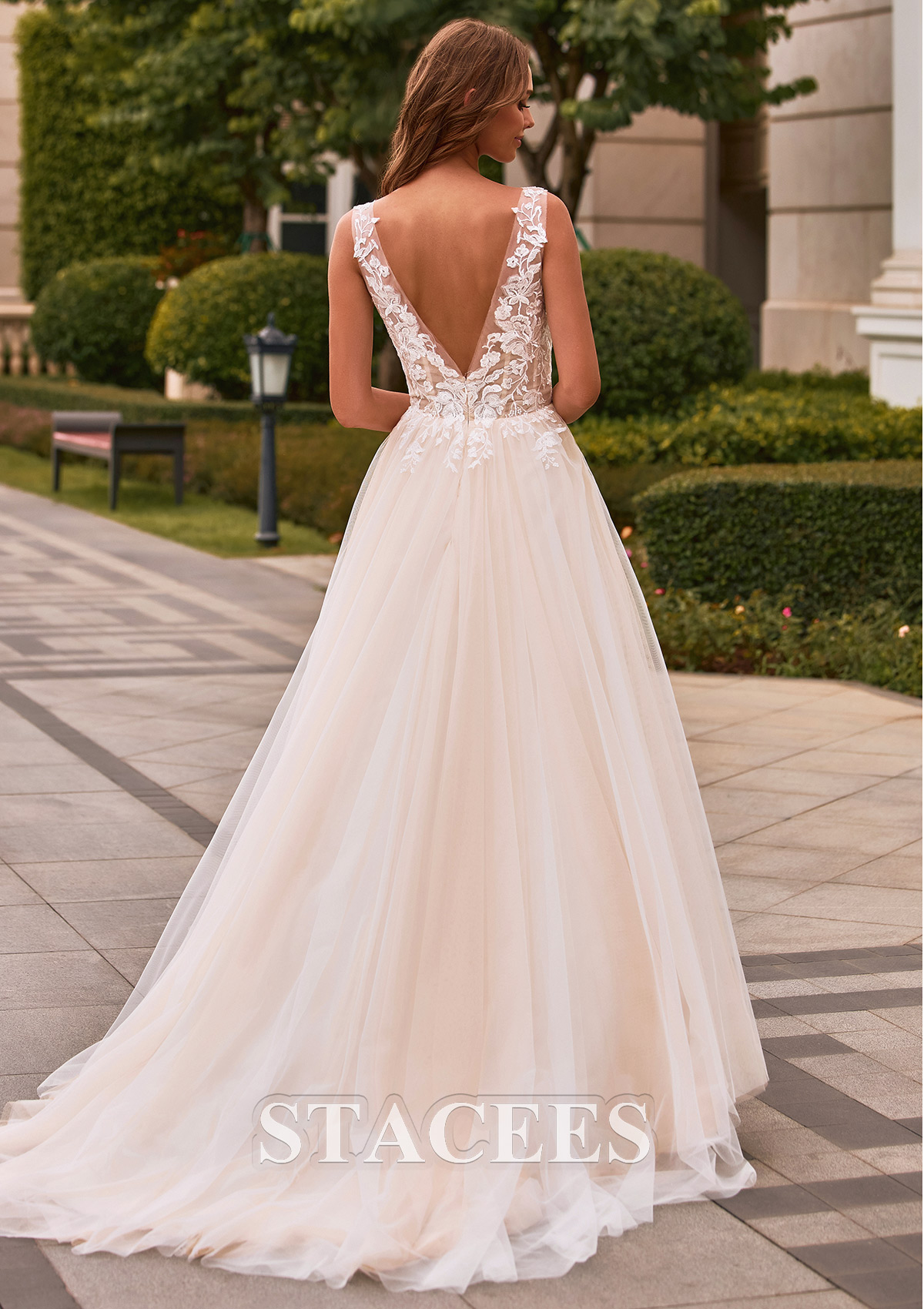 Ivory/Champagne Classic A-line Tulle Lace Illusion Corset Wedding Dress - STACEES