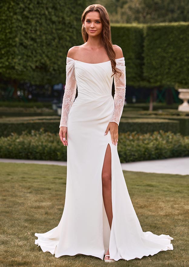 ivory evening dress with sleeves Mermaid Long Lace Wedding Dresses Modern Sheer Tulle See Through Back Dresses Leo Couture is a premier evening wear collection featuring beautifully crafted gowns with exquisite details Long Sleeve Satin Mermaid White/Ivory
