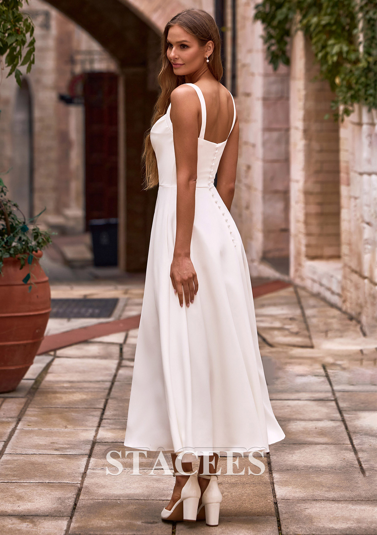 spaghetti strap tea length wedding dress A-line Sweetheart Sleeveless Tea-length Lace Puffy Flowers Product Details Stacees 2026 A-line Cowl Neck