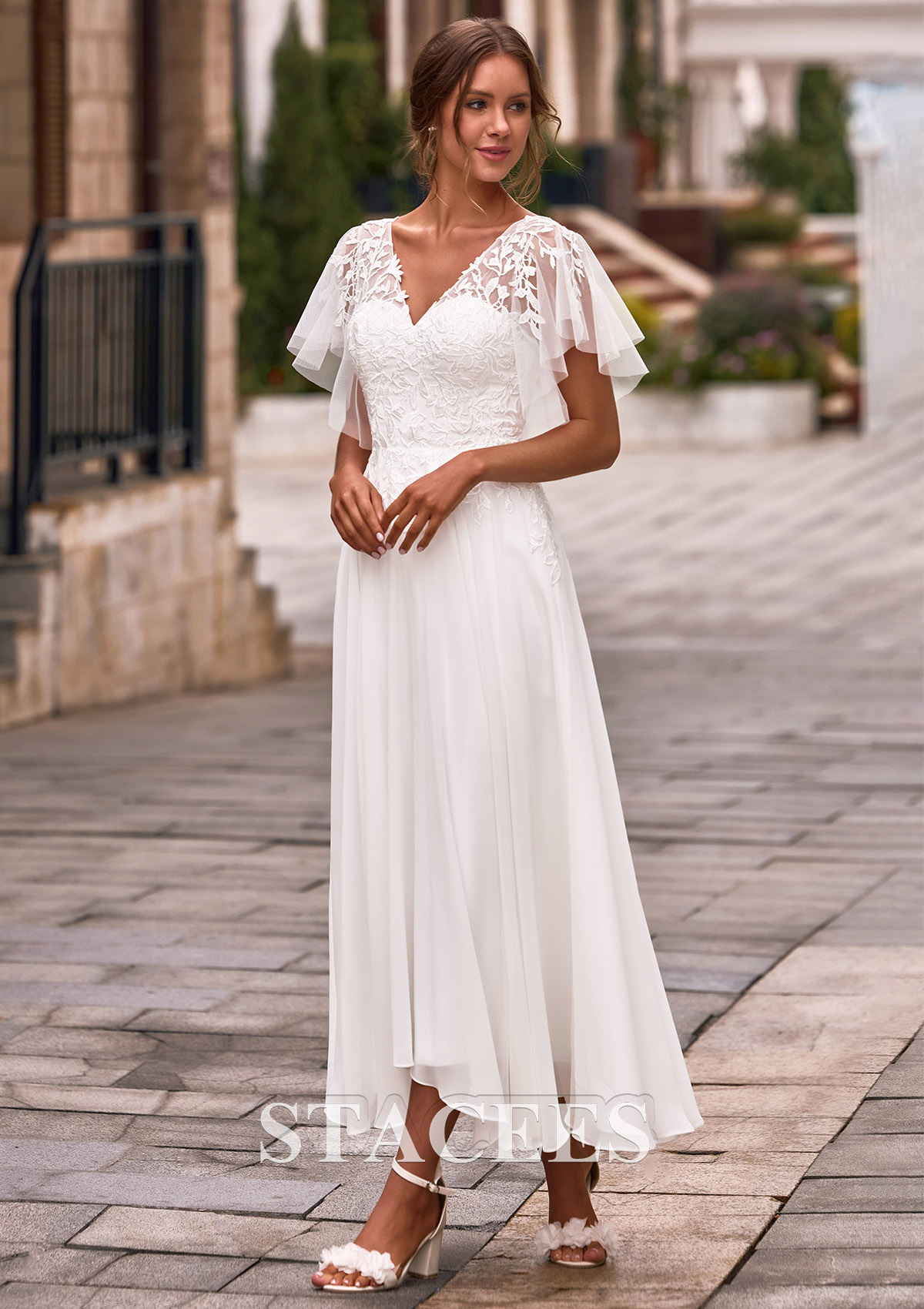 chiffon tea length straight neckline wedding dress A-Line Lace Off the Shoulder Bridal Shower Dress COCOMELODY CW3431, 15 Days / Ivory / US4-UK6-EUR34 Perfect for rehearsal dinners Wedding Guest Dress White Chiffon