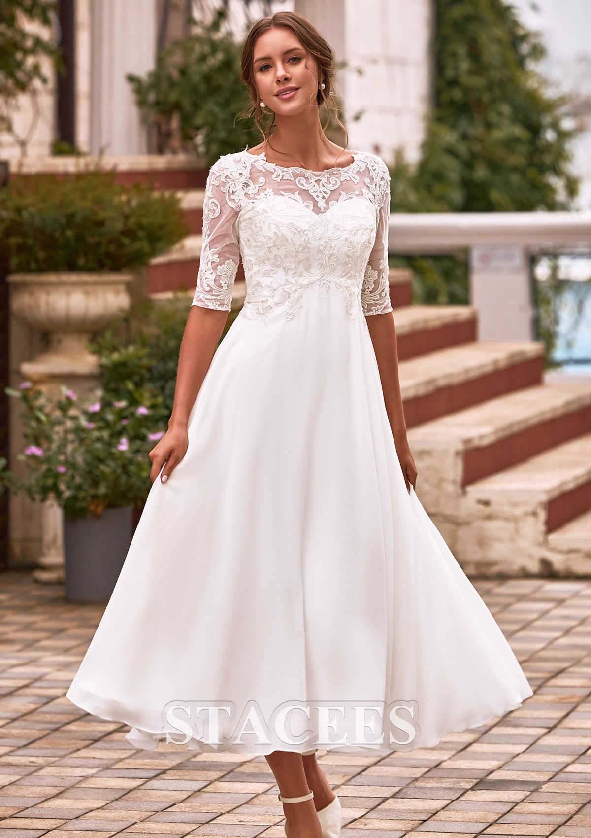 half sleeve short wedding dress Lace A-line Half Sleeve Short Train Wedding Dress, MW575