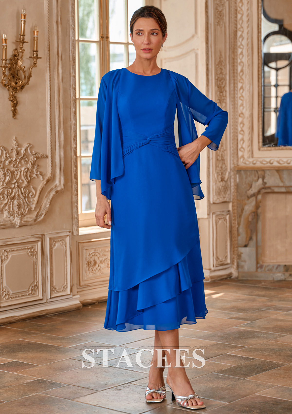 mother of the bride dresses tea length beach wedding Stacees Tea-Length Ruffle Mother of the Bride or Groom Dress with Chiffon Twisted Waist Jacket