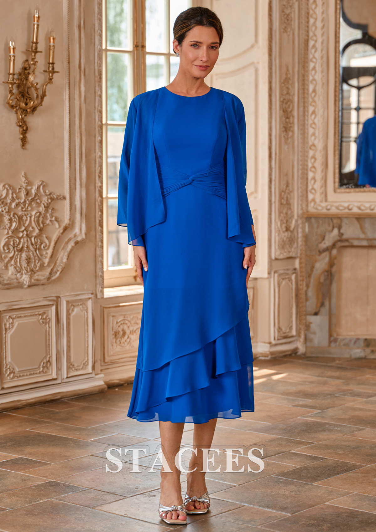 Tea-Length Ruffle Mother of the Bride Dress with Chiffon Twisted