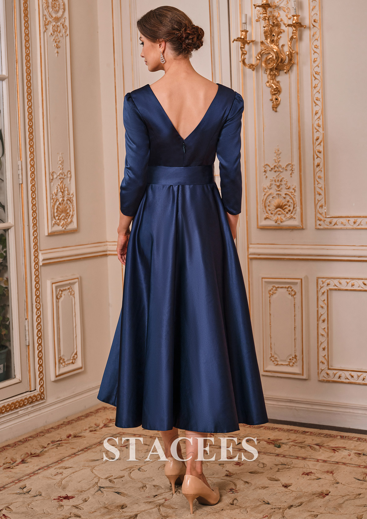 tea length navy blue mother of the bride dress Dark Chiffon navy Wedding Guest with Lace Appliques and Half Sleeves Formal Dresses Navy Lace Wedding outfits for