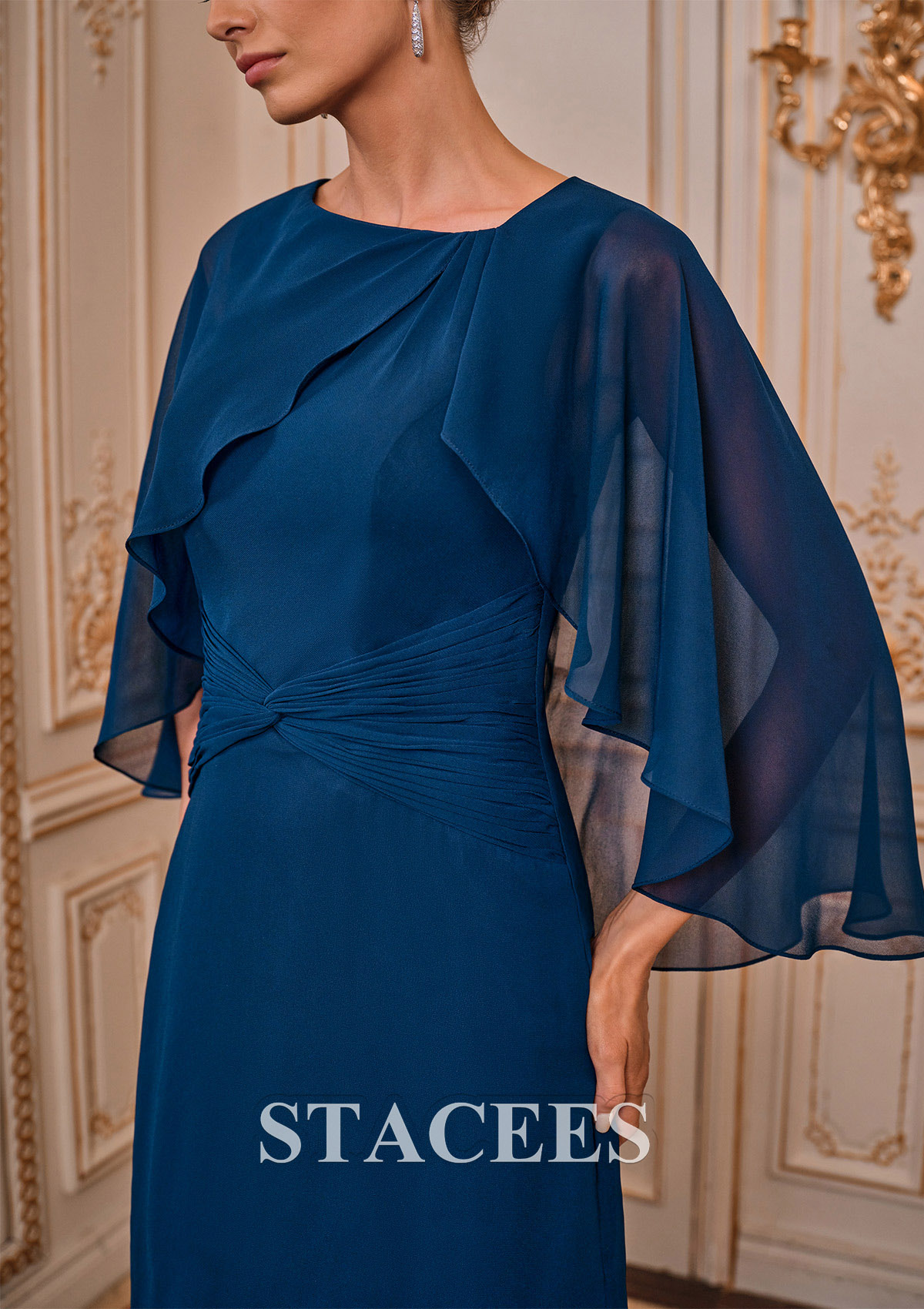 chiffon pleated cape dress Minimalist Detachable Flower Chiffon Cape Pleated Wedding Dress