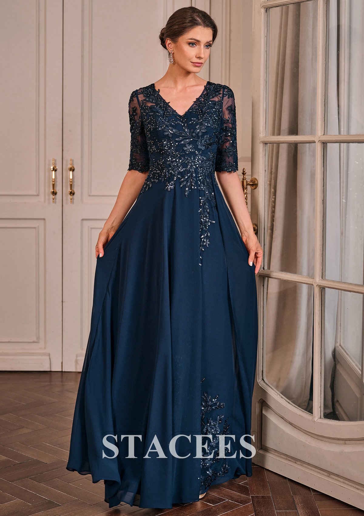 floor length half sleeve v neck maxi dress Helvania Elegant V Neck Half Sleeves Appliques Ruched Long Chiffon Mot Cathnina