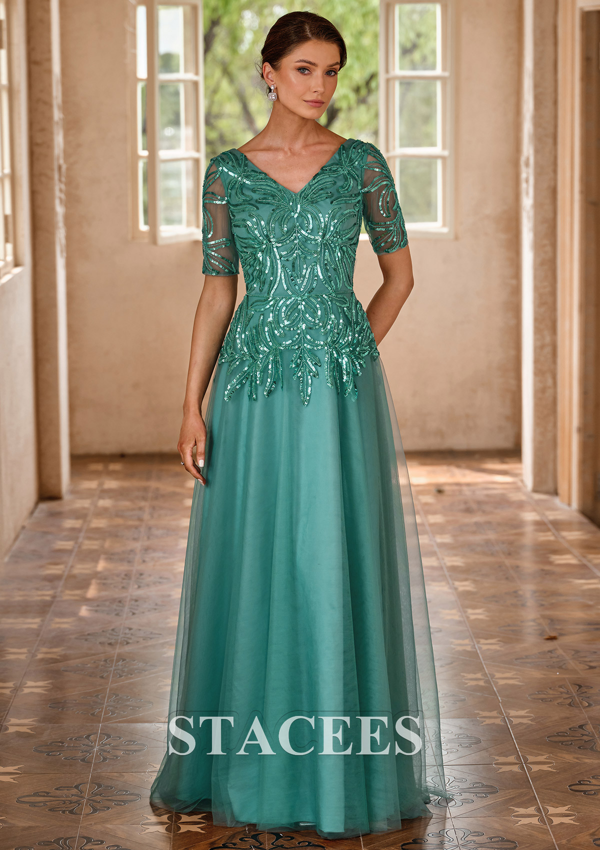 mother of the bride dresses sequins Primavera Couture 13116 High Neck V Back Sheer Beaded And Sequin Embellished Fitted Long Sleeve Mother Of The Bride Dress 18 / Eggplant