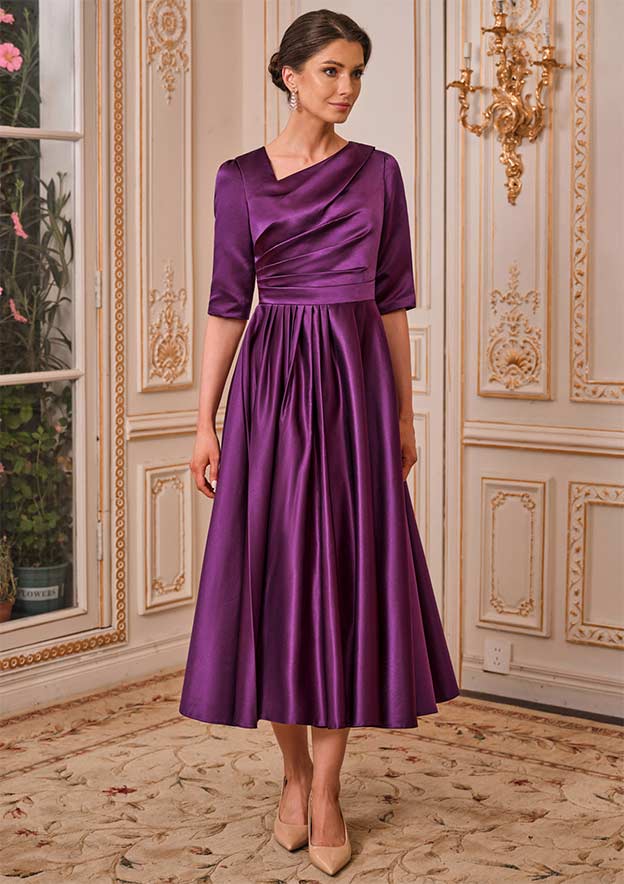 purple mother of the bride dresses tea length Daniela Short Polished A-Line Chiffon Lace Scoop Short Sleeves By the way Purple Mother of the Bride