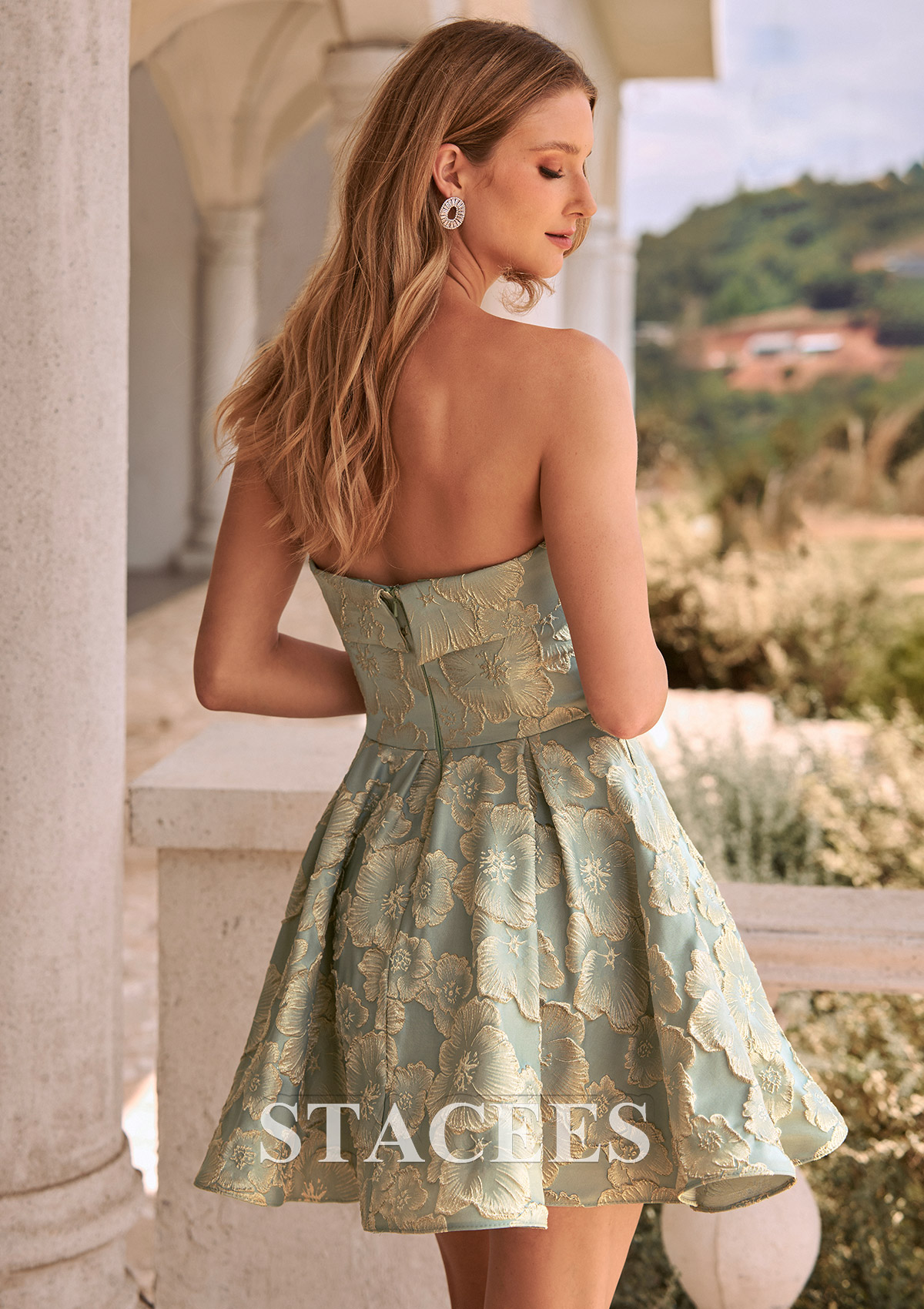 Light Blue A-Line Fit and Flare Strapless Mini Jacquard Homecoming Dress with Pockets