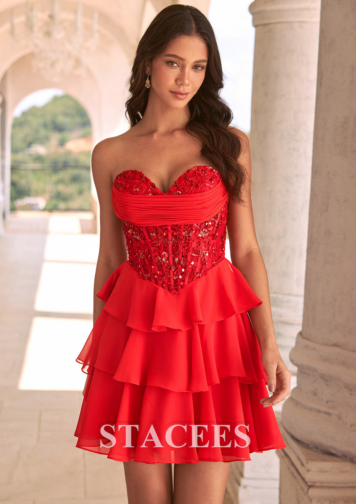 Red A-line Strapless Ruffle Chiffon Mini Homecoming Dress with Beaded Corset