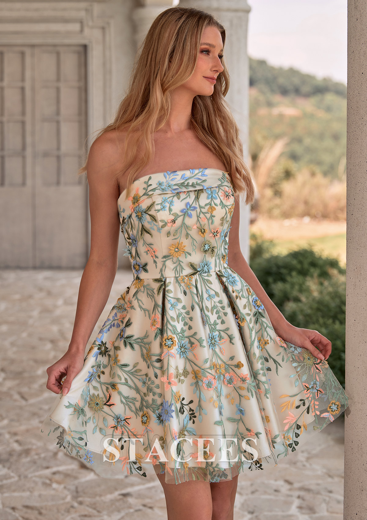 Champagne Floral Strapless Floral Embroidered A-Line Short Homecoming Dress with Pockets