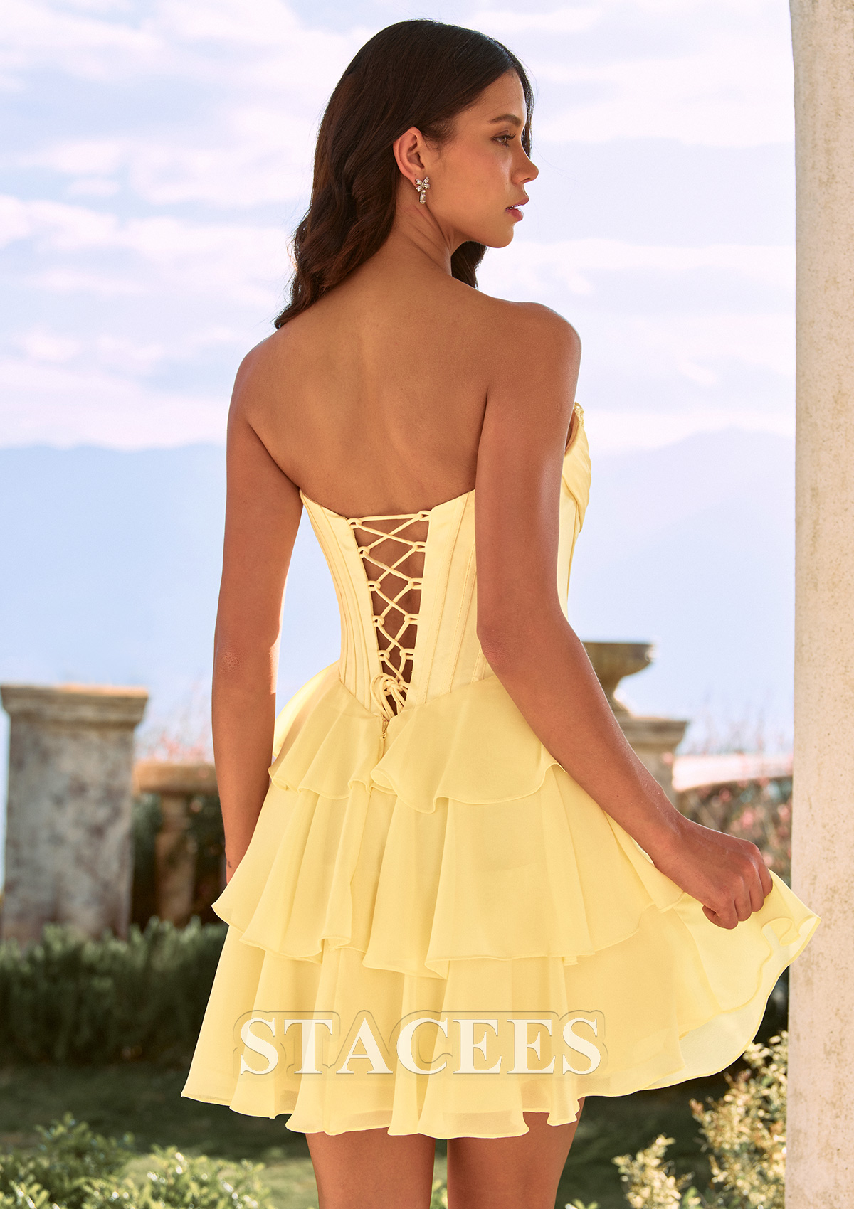 Daffodil A-Line Ruffle Chiffon Short Homecoming Dress with Lace Ruching Corset - STACEES