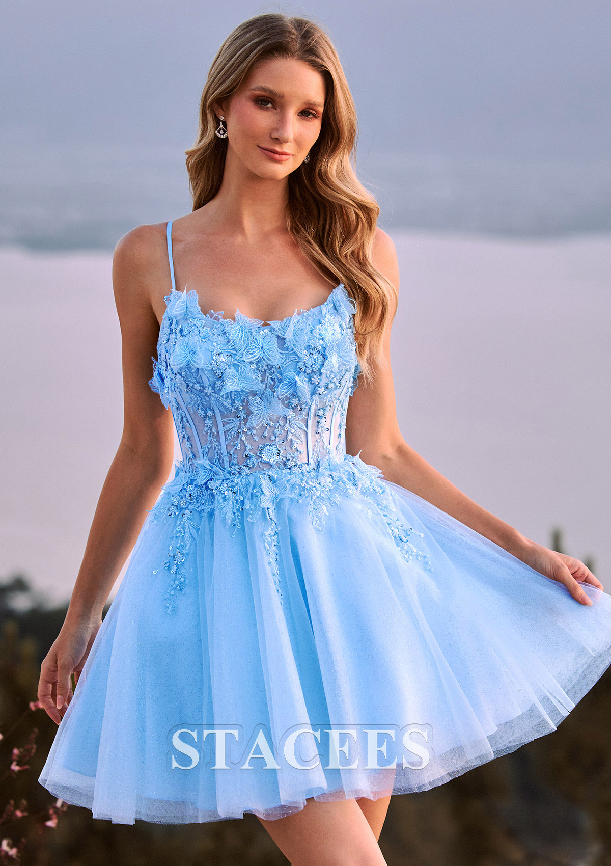 Sky Blue A-line Sparkly Tulle Mini Homecoming Dress with 3D Floral Lace Corset Glitter - STACEES