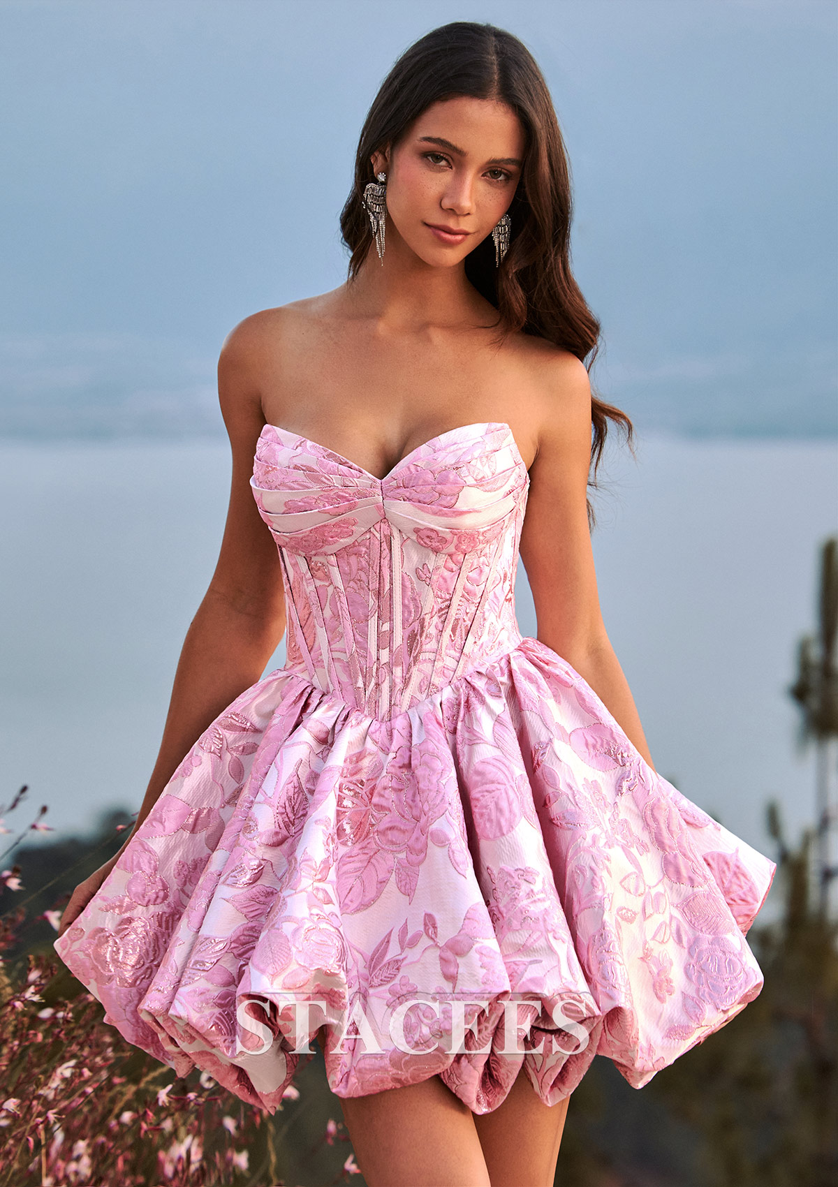 Candy Pink Floral A-line Strapless Corset Floral Brocade Ball Gown Mini Homecoming Dress - STACEES