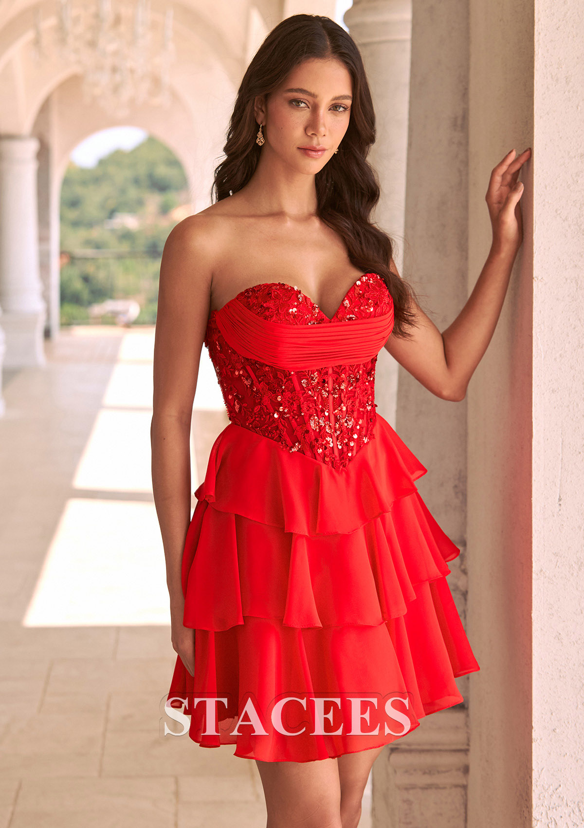 Rojo Vestido mini línea a de escote corazón en gasa para homecoming - STACEES