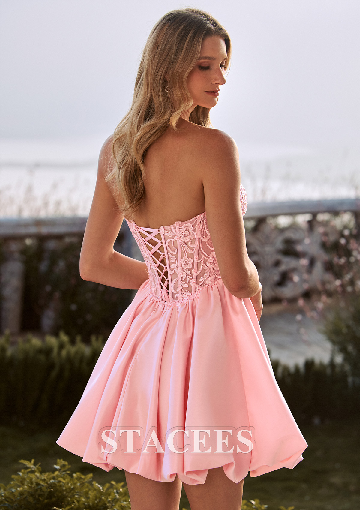 Blushing Pink Strapless Lace Corset A-Line Mini Bubble Homecoming Dress - STACEES