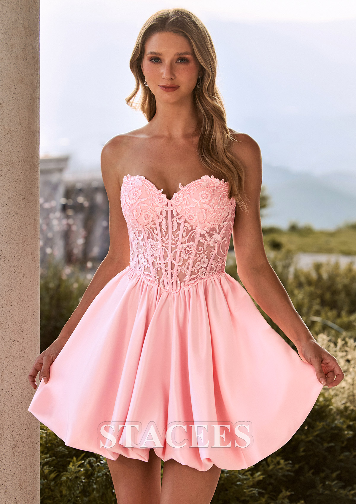 Blushing Pink Strapless Lace Corset A-Line Mini Bubble Homecoming Dress - STACEES