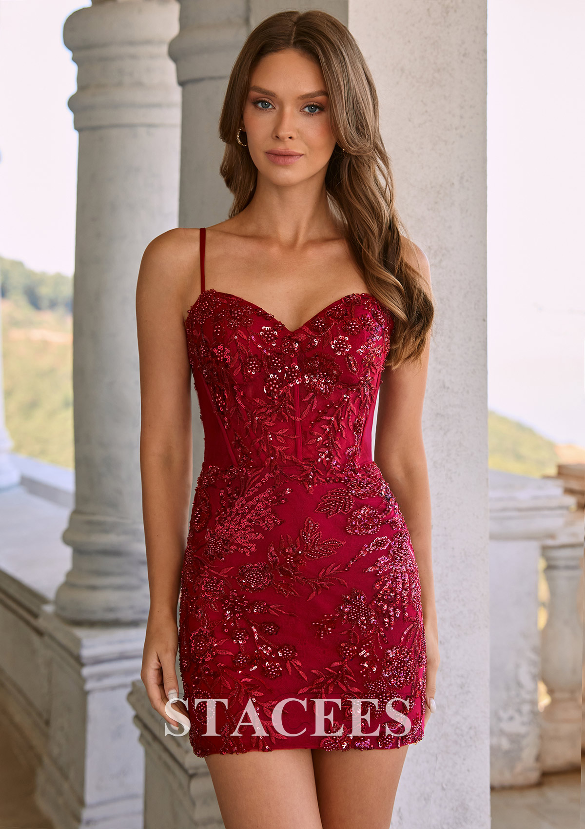 Burgundy Floral Beaded Mini Homecoming Dress with Corset Lace-Up Back - STACEES