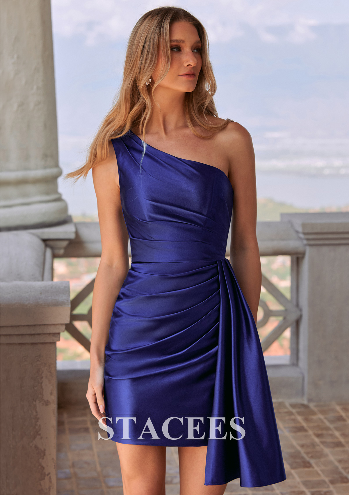 Azul Marino Tubo un hombro seda como el satén corto/mini vestido para homecoming - STACEES