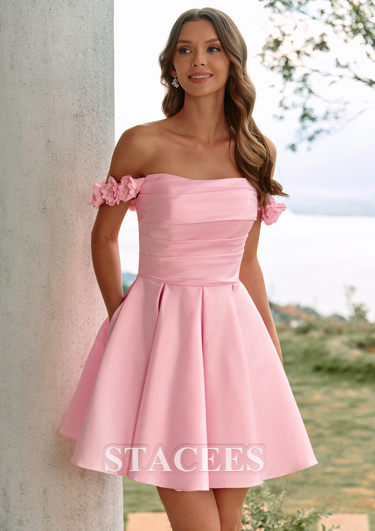 Candy Pink A-Line Satin Mini Homecoming Dress with 3D Flowers Off-Shoulder Straps Pockets - STACEES
