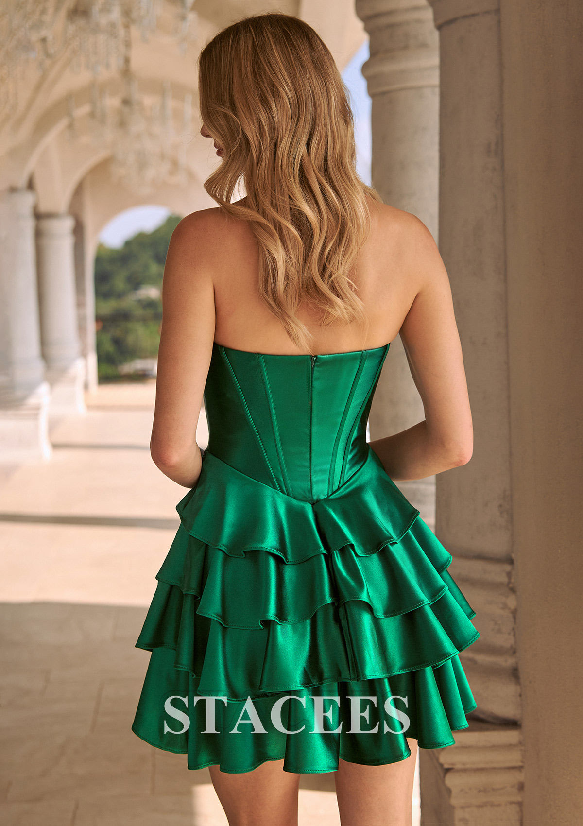 Dark Green A-line Ruched Strapless Corset Tiered Ruffle Mini Homecoming Dress - STACEES