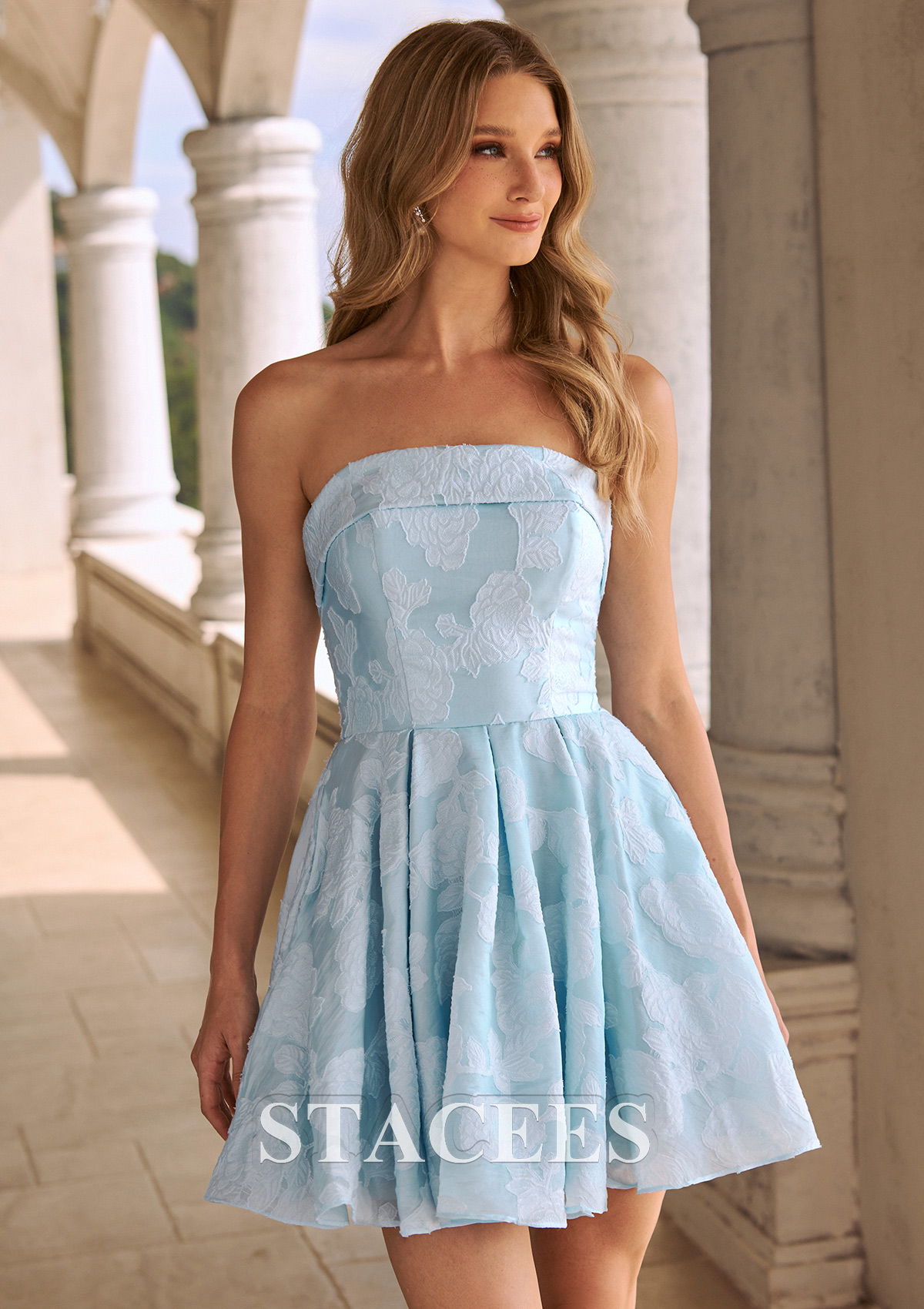 Light Blue A-line Strapless Jacquard Mini Homecoming Dress with Pockets - STACEES