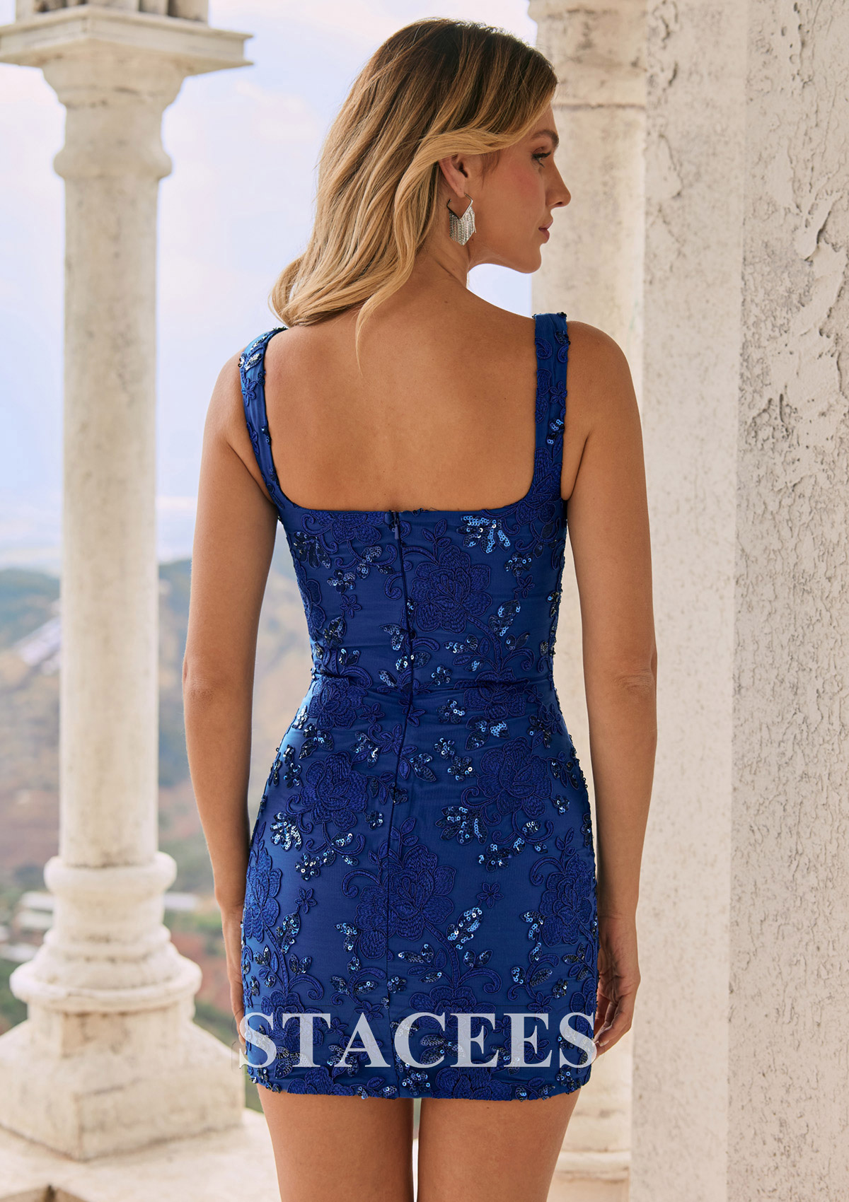 Bleu Marine Fourreau encolure carré tulle courte/mini robe de fête de la rentré avec appliqué paillettes - STACEES