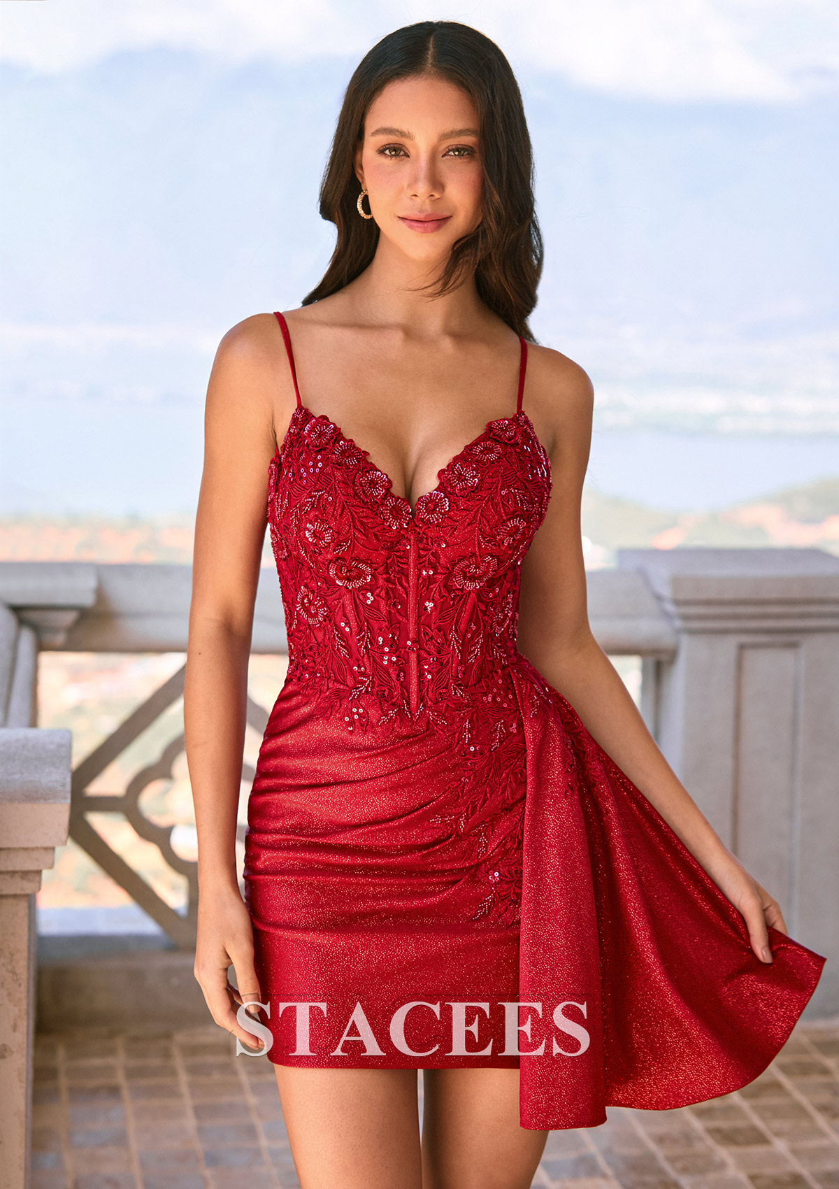 Burgundy Fitted V Neck Glitter Mini Homecoming Dress with Floral Beaded Applique Corset Side Drape - STACEES