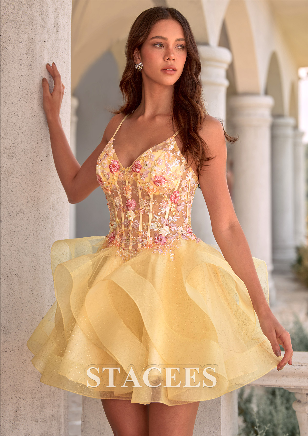 Yellow A-line Tiered Ruffle Homecoming Dress with Floral Applique Corset - STACEES