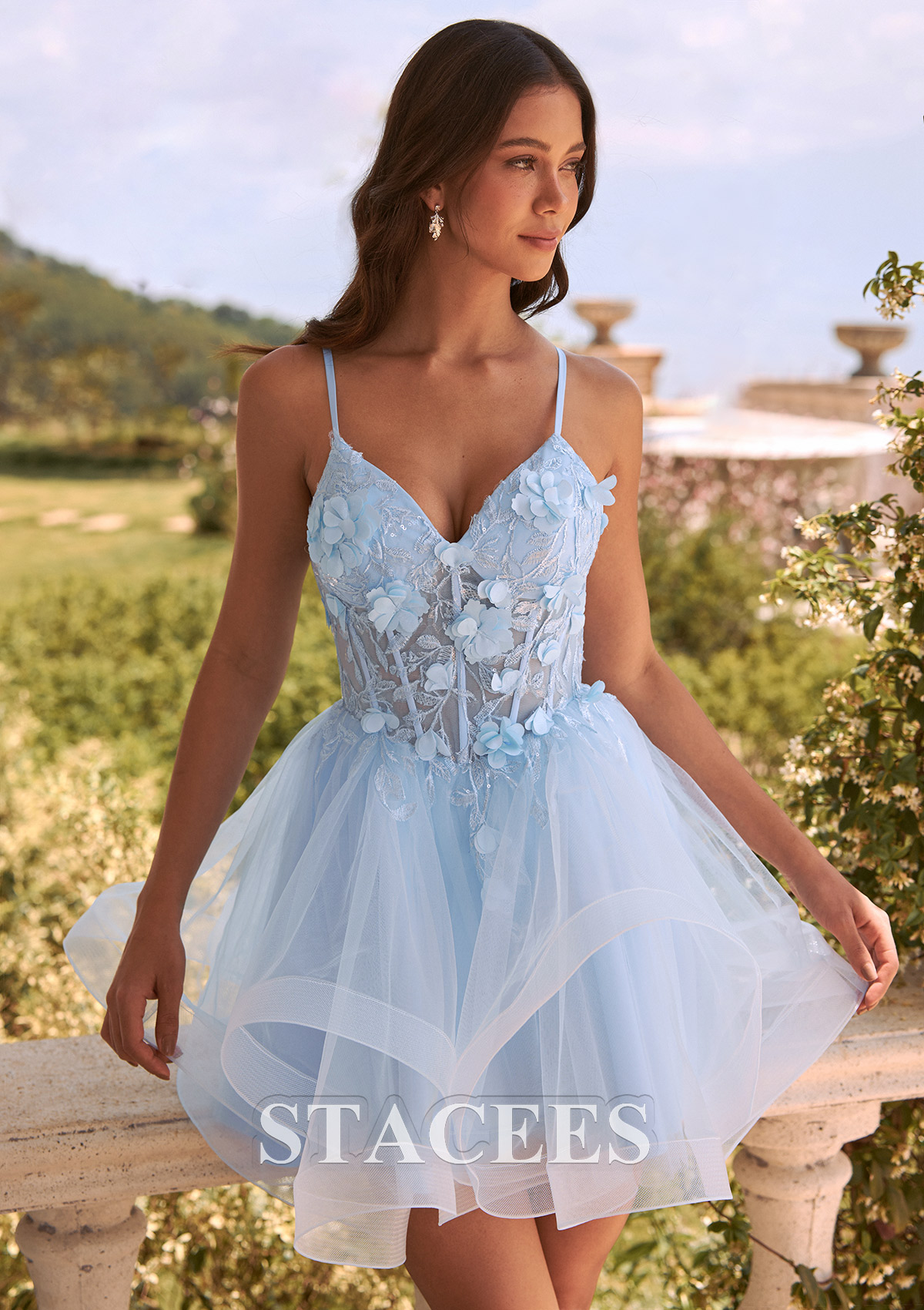 Sky Blue A-line Straps Tiered Tulle Mini Homecoming Dress with 3D Floral Appliques - STACEES