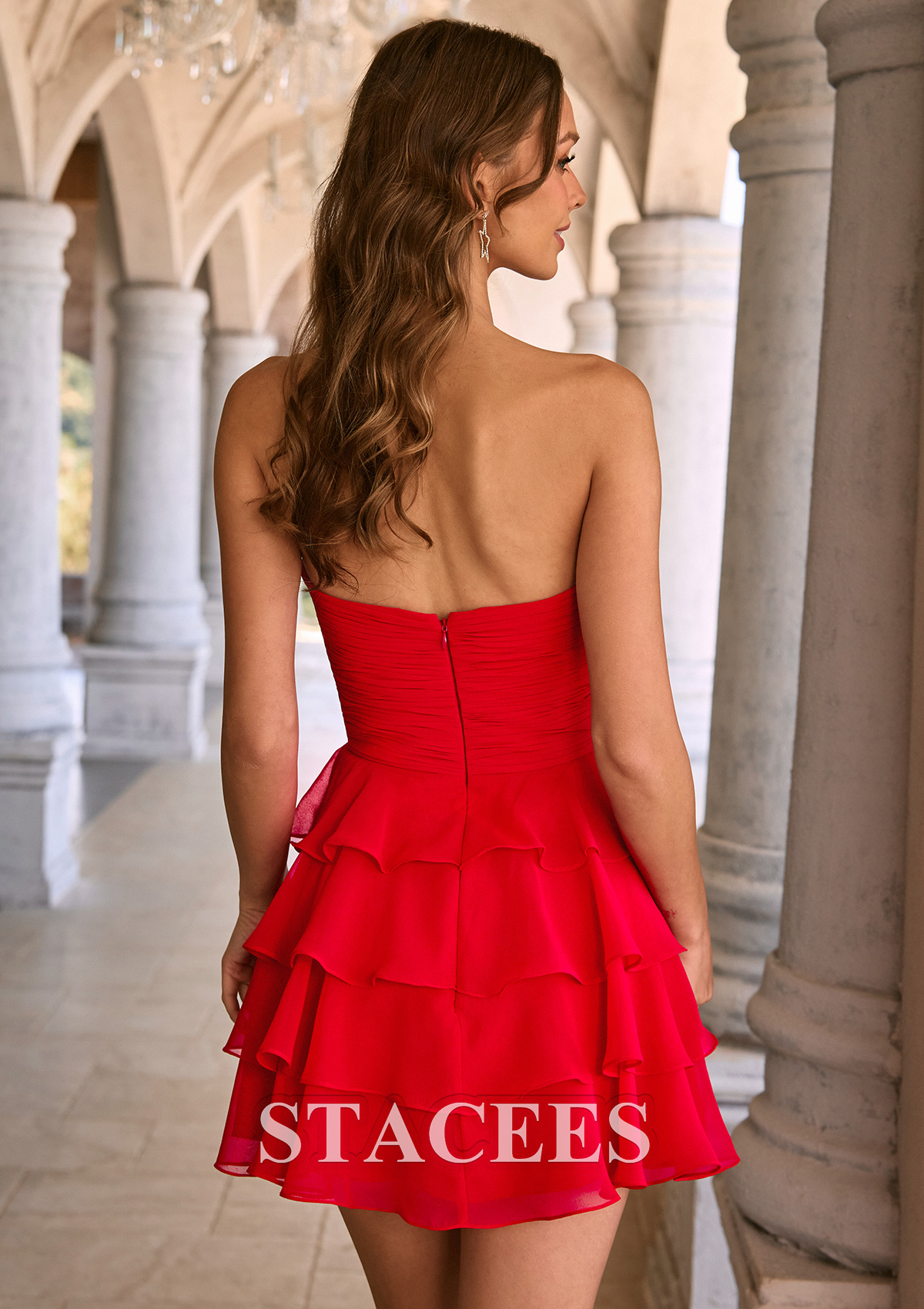 Red A-line Ruched Strapless Tiered Ruffled Chiffon Mini Homecoming Dress with Keyhole - STACEES