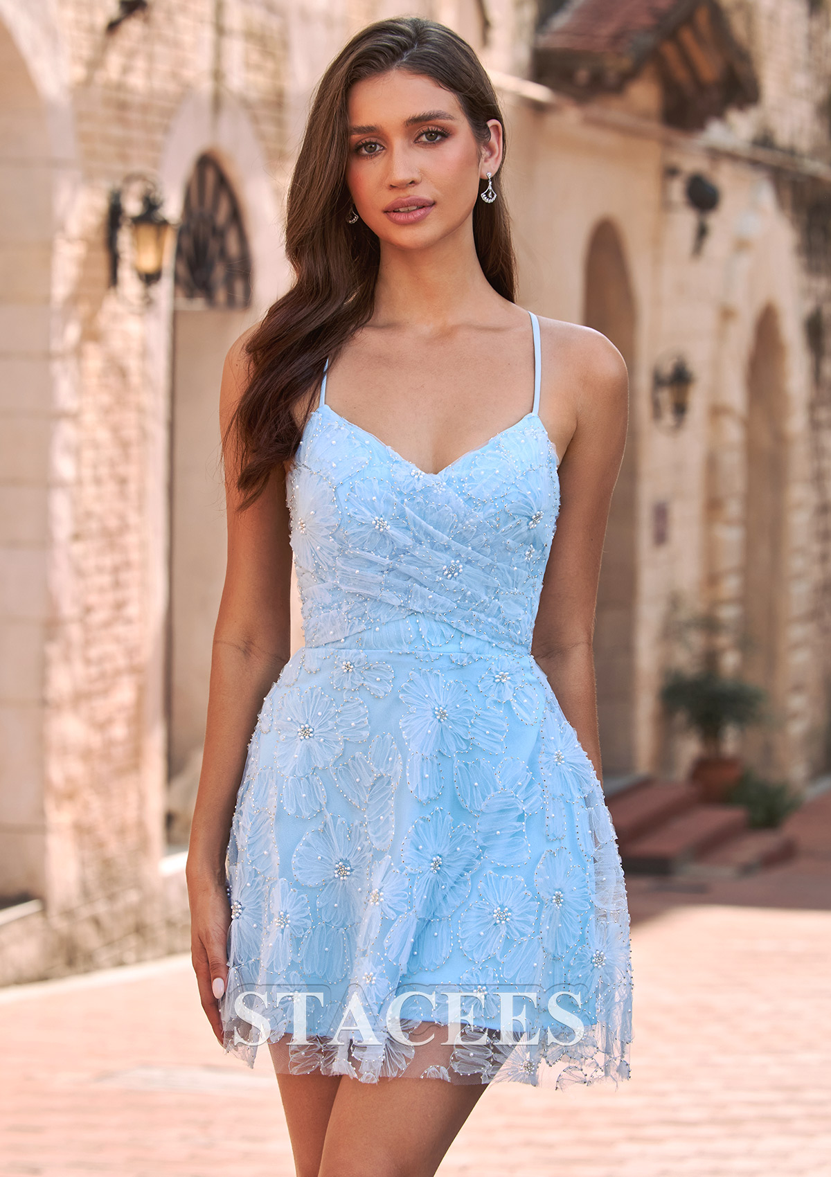 Sky Blue Floral Beaded Tulle A-Line Short Homecoming Dress with Criss Cross Back - STACEES