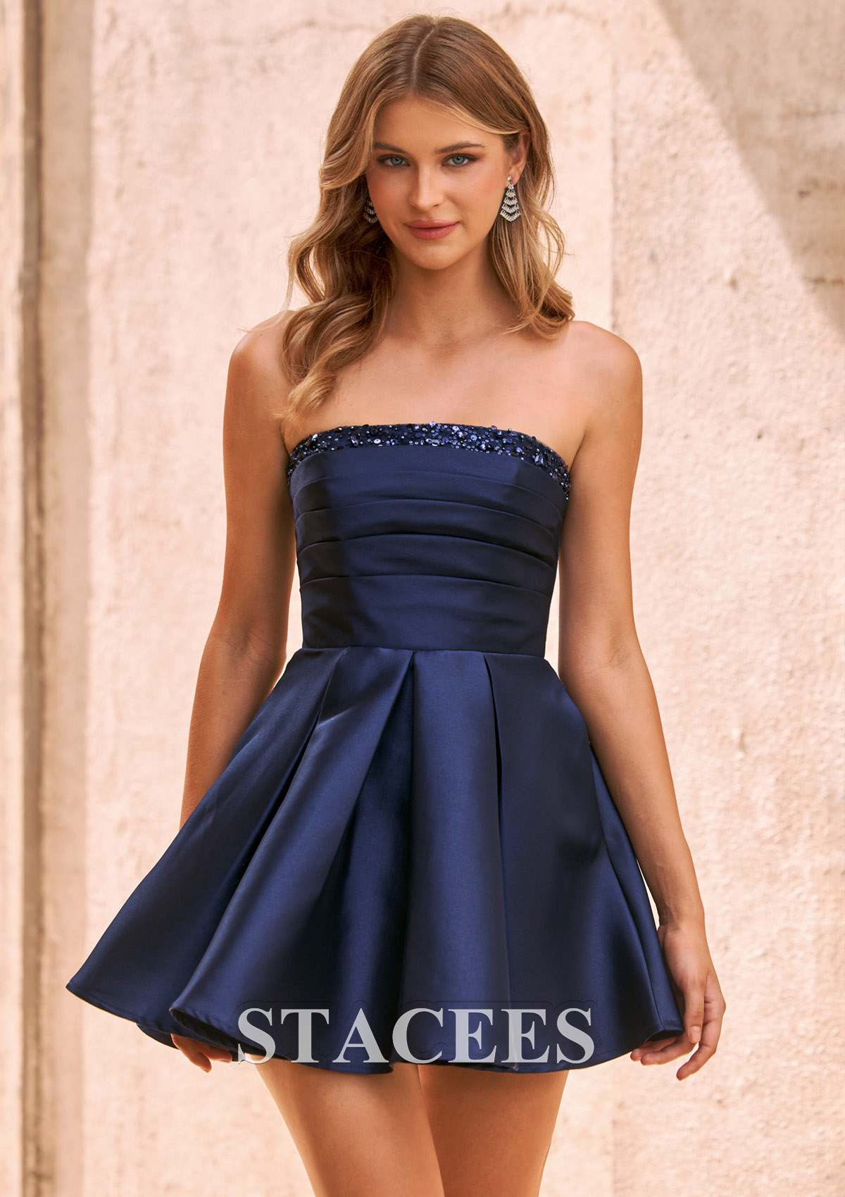 Dark Navy Strapless Beaded Mikado A-Line Short Homecoming Dress - STACEES