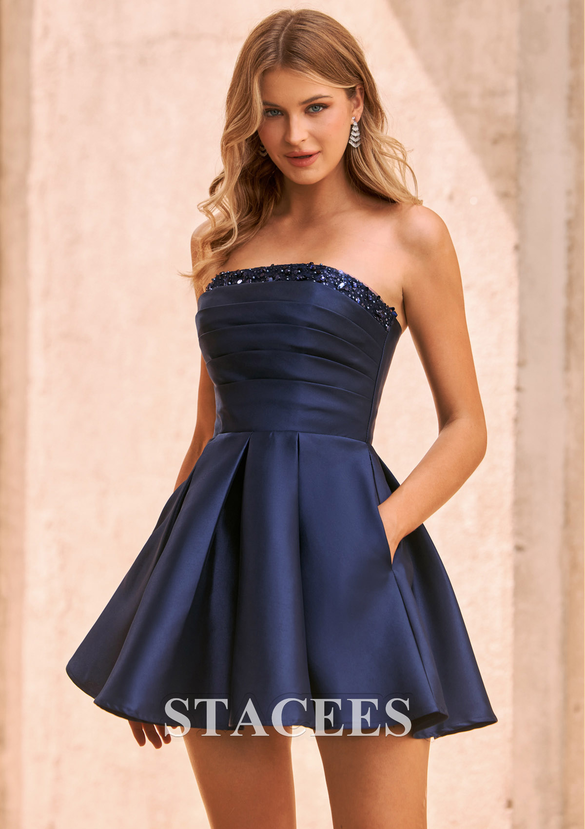 Dark Navy Strapless Beaded Mikado A-Line Short Homecoming Dress - STACEES
