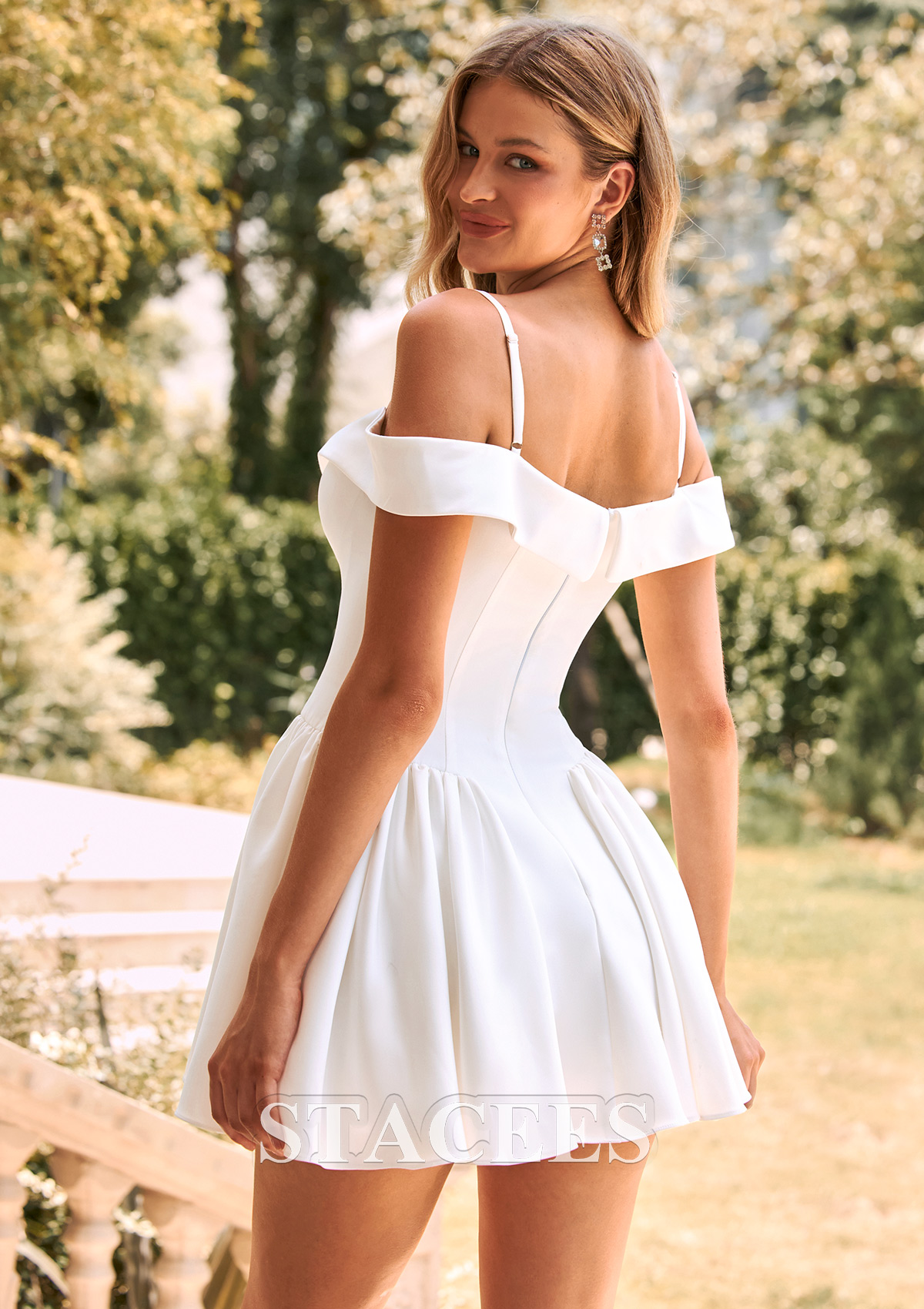 Ivory A-line Off-the-Shoulder Stretch Crepe Graduation Dress Homecoming Mini Dress - STACEES