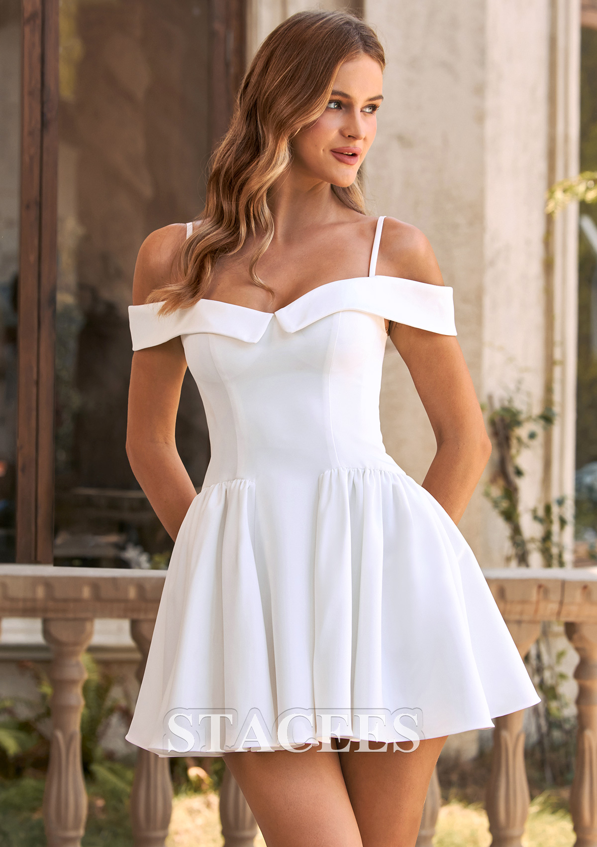 Ivory A-line Off-the-Shoulder Stretch Crepe Graduation Dress Homecoming Mini Dress - STACEES